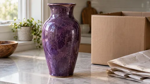 Illustration of a handmade purple vase beside a moving box and packing paper.
