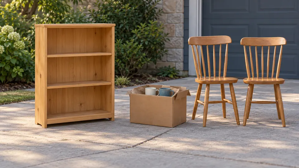 Illustration of an empty pine bookcase beside a box of mugs and two chairs on a driveway.
