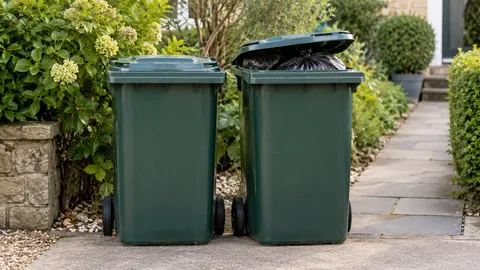 Illustration of two matching household bins, one holding tied rubbish bags beside a garden path.