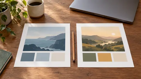 Illustration of two contrasting design layouts beside a pencil and a closed laptop.