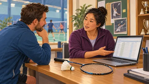 Illustration of two adults discussing a spreadsheet beside a badminton racket and shuttlecock at a club desk.
