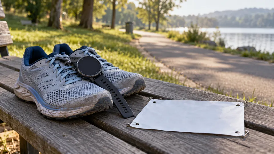 Illustration of running shoes, a sports watch and an unprinted race bib on a park bench.