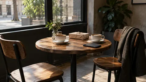 Illustration of two coffee cups, a phone and a parcel at a cafe table.
