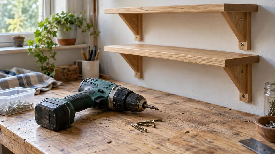 Illustration of a borrowed cordless drill resting on a home workbench beneath wooden shelves.