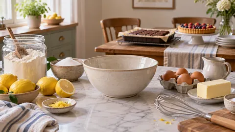 Illustration of lemon cake ingredients and an empty mixing bowl with two desserts behind.