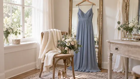 Illustration of a cream cardigan beside a sleeveless bridesmaid dress and bouquet.