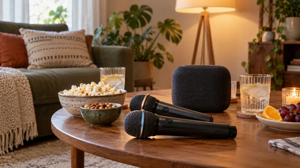 Illustration of two karaoke microphones beside a speaker and floor lamp in a living room.