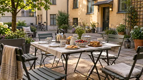 Illustration of a shared courtyard table prepared for a neighbour gathering.