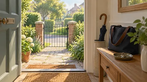 Illustration of an open front doorway, garden gate, work bag, keys and a closed umbrella.