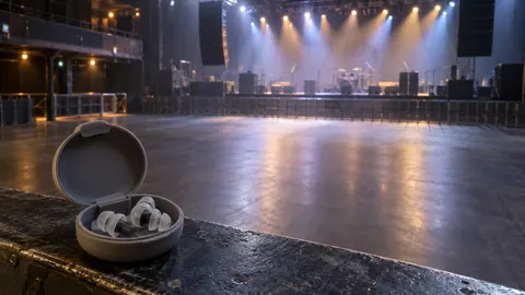 Illustration of concert earplugs in a case overlooking an empty venue and distant stage.