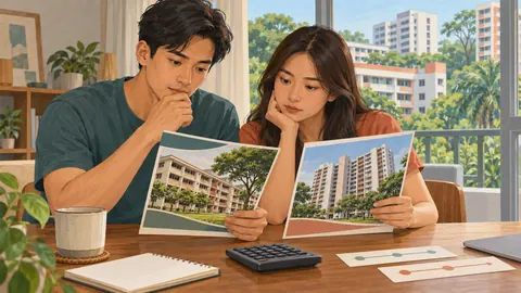 Illustration of a Singapore couple comparing resale-flat brochures with a calculator and lease timeline.
