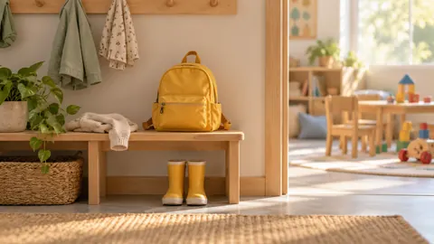 Illustration of a yellow backpack and small rain boots beside an empty nursery playroom.