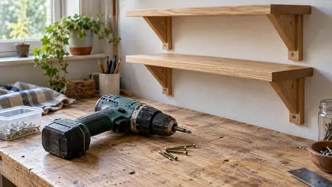 Illustration of a borrowed cordless drill resting on a home workbench beneath wooden shelves.