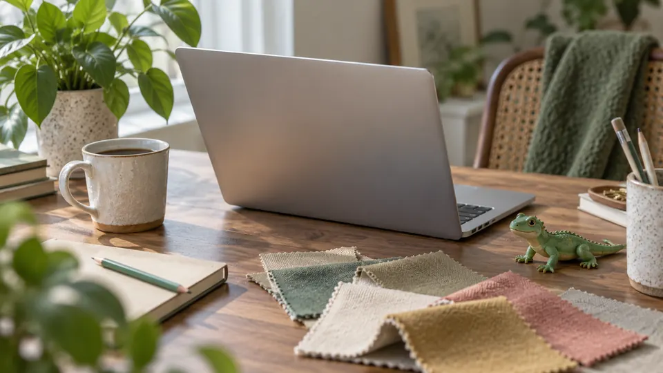 Illustration of a toy green lizard, fabric samples and an open laptop on a desk.