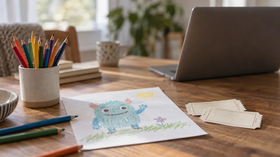 Illustration of a child's imaginary creature drawing, colored pencils and blank cinema tickets.