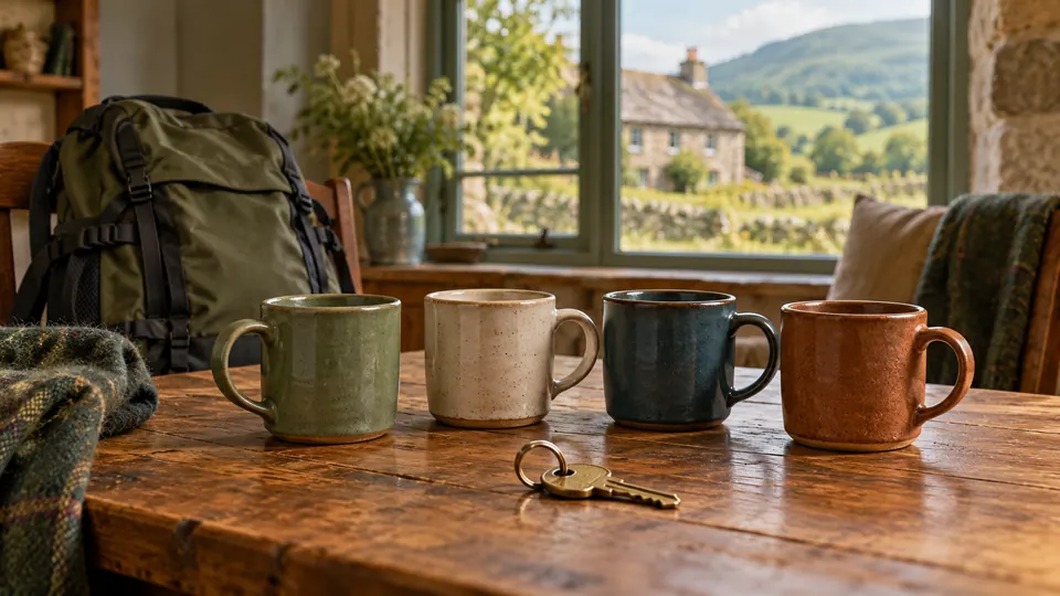 Illustration of four mugs and a cottage key beside a walking backpack.