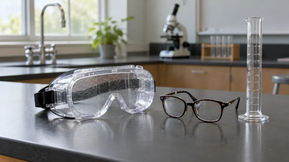 Illustration of misted lab goggles, eyeglasses and an empty measuring cylinder on an inactive bench.