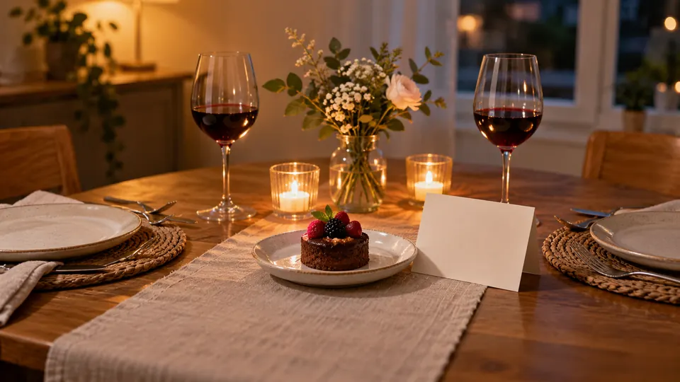 Illustration of a small dessert and blank greeting card at a home dinner table for two.