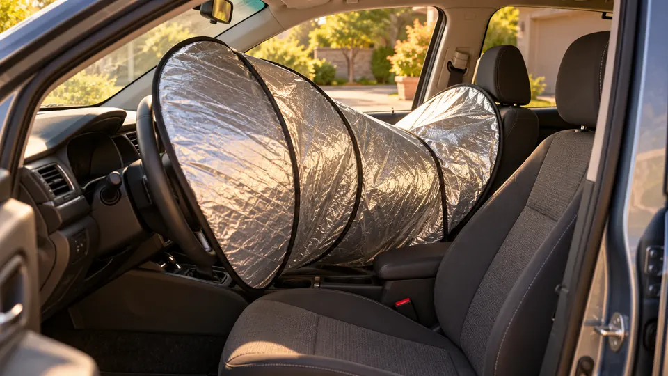 Illustration of an expanded silver sunshade filling the front seats of an empty parked car.