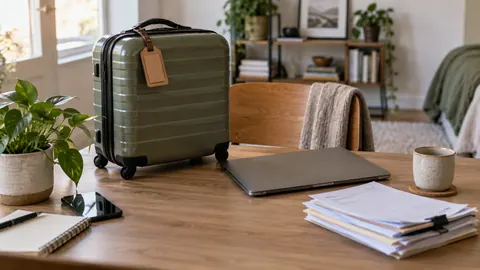 Illustration of an overnight suitcase, closed laptop and expense papers on a desk.