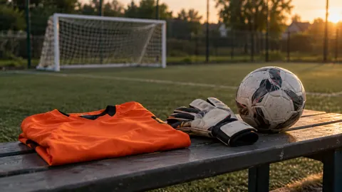 Illustration of an orange goalkeeper shirt, gloves and a football on a sideline bench.
