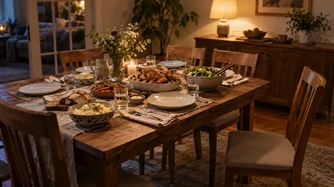 Illustration of a family dinner table with one chair pulled out at a different place.
