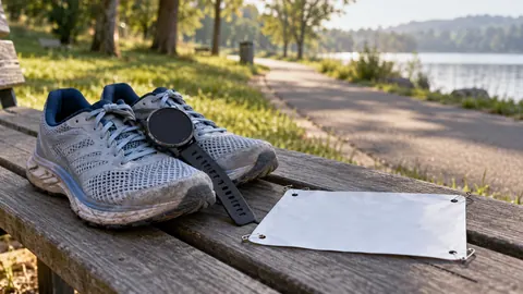 Illustration of running shoes, a sports watch and an unprinted race bib on a park bench.