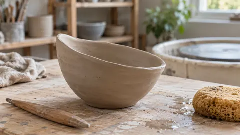 Illustration of an uneven clay bowl beside pottery tools and a sponge.