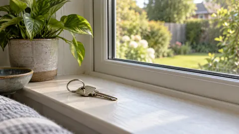 Illustration of a spare house key beside a closed bedroom window and houseplant.