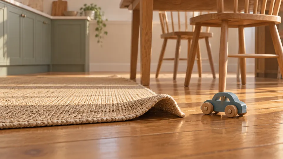 Illustration of a woven rug with a folded edge and a toy car on a hard kitchen floor.