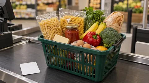 Illustration of a grocery basket with pasta, sauce and a blank voucher beside it.