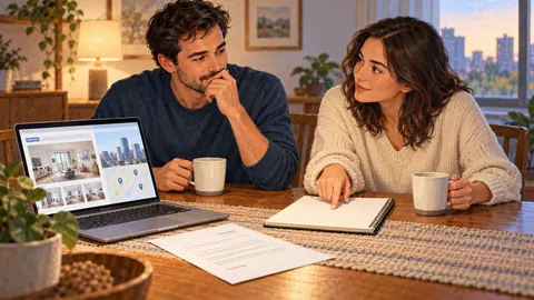 Illustration of a couple discussing a job offer and possible relocation beside apartment-search images and a blank notebook.
