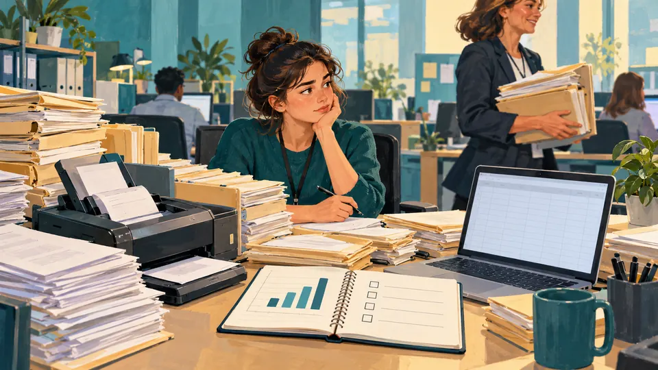 Illustration of a placement student surrounded by filing while a planned chart task remains untouched.