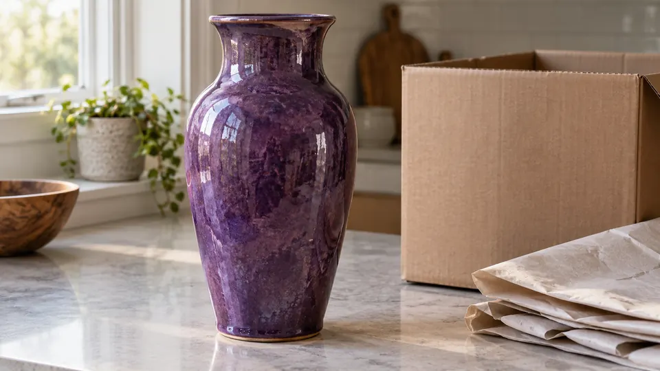 Illustration of a handmade purple vase beside a moving box and packing paper.