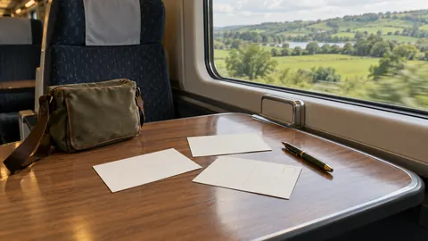 Illustration of three postcards and a pen at an empty train table seat.