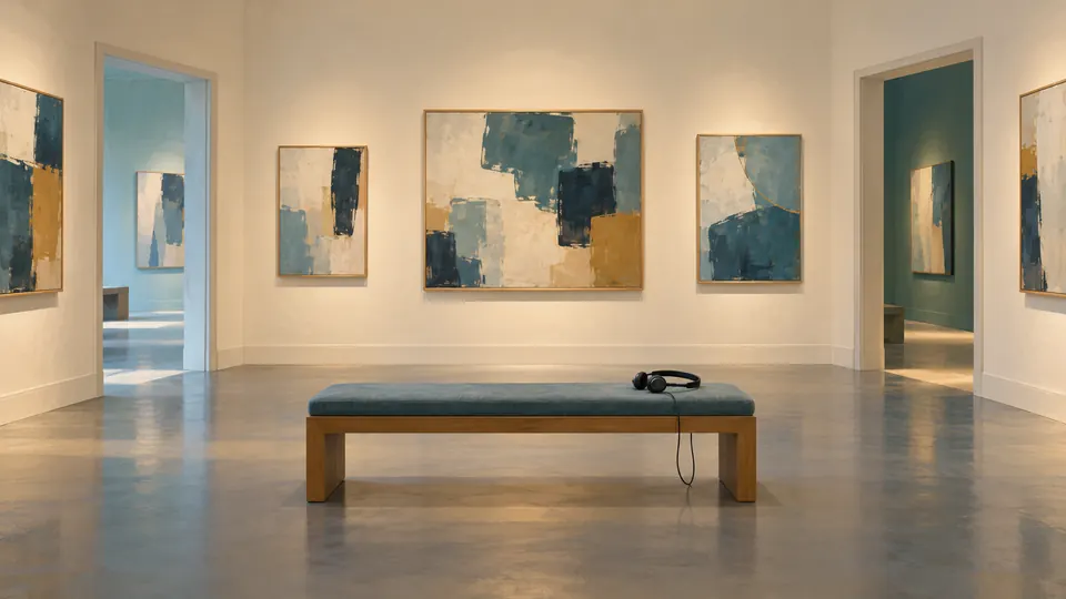 Illustration of an empty gallery with abstract paintings, two doorways and a headset on a bench.