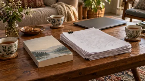 Illustration of a paperback, manuscript pages and tea cups on a book club table.