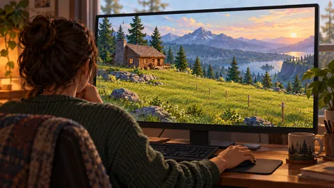 Illustration of a player viewing an intact hillside cabin and survey stakes across a grassy field in a shared game world.