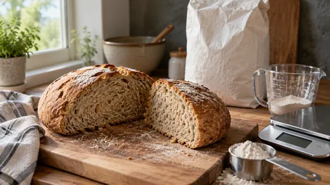 Illustration of a sliced homemade bread loaf beside flour, measuring tools and a kitchen scale.