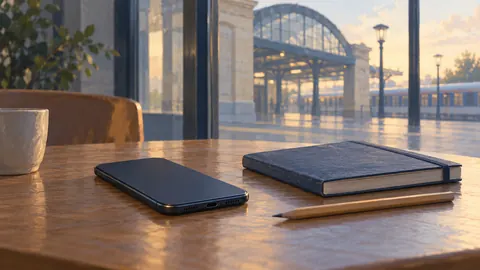 Illustration of a face-down phone and closed notebook beside a window overlooking a train station.