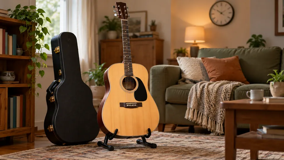 Illustration of an acoustic guitar on a stand beside its closed case in a family den.