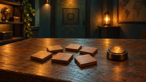 Illustration of six wooden puzzle tiles beside a round question-mark hint button.